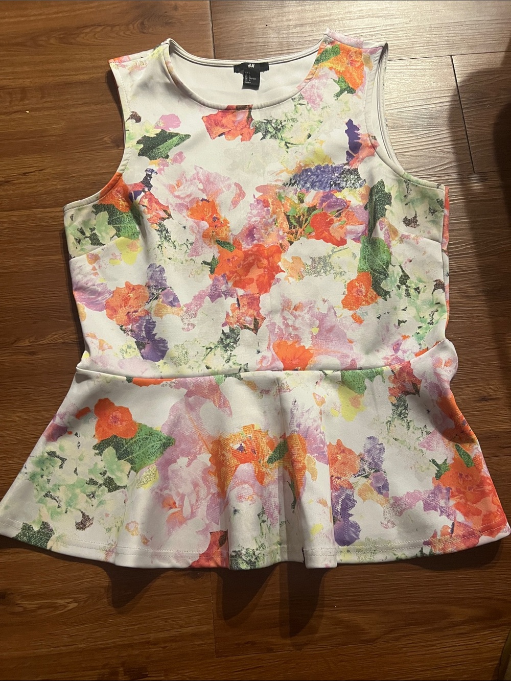 H&M White Floral Peplum Top with Orange, Purple & Green Accents